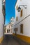 View from the narrow street to the Facade of the Igreja da Graca church of Evora. Alentejo Portugal