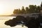 View of natural rocky beach and cliff with palm trees in El Tunco, El Salvador. Stones and rocks on the beach at sunset or sunrise