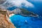 View of Navagio beach, Zakynthos Island, Greece. Aerial landscape. Azure sea water. Rocks and sea.