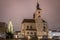 View of Neupfarrplatz square in winter 2020 during Corona Lockdown on a Saturday evening in Regensburg, Germany.