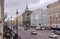 View of  Neva Avenue in St. Petersburg, October 2019, Russia, road with cars, people walking on the sidewalk, classical style