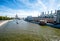 View from new floating bridge of Zaryadye Park on Embankment of Moscow river