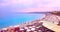 View of Nice city, Beach at sunset, Promenade des Anglais, Cote d`Azur, French riviera, Mediterranean sea, France