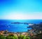 View of Nice, Villefranche-sur-Mer, Cape Cap-Ferrat on a bright sunny day. Cote d`Azur, French Riviera, France