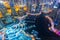 View on night highlighted luxury Dubai Marina skyscrapers,bay and promenade in Dubai,United Arab Emirates