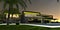 A view from the night park at an amazing country house with yellow exterior lighting. A white luminous border separates the paving