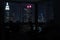 View of night skyscrapers of New York City Manhattan through windows of apartment. Top view of night midtown of Manhattan.
