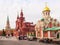 View of Nikolskaya Tower, State Historical Museum and Kazan Cathedral in Moscow, Russia
