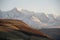 View of the North Chui mountain snow-covered ridge from the Kurai steppe. Gorny Altai, Kosh-Agachsky district, Russia