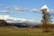 View of the North Chui mountain snow-covered ridge from the Kurai steppe. Gorny Altai, Kosh-Agachsky district, Russia