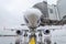 View of the nose and cockpit of the aircraft directly standing on the airport apron