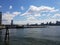 View of NY Harbor with distant skyline of NYC lower Manhattan