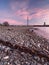 View of the Oberkasseler bridge from the banks of the river Rhine in DÃ¼sseldorf. Beautiful urban landscape at sunrise