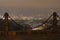 View from the observation deck. Ancient Podil district, river port with cranes and modern Obolon district