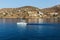 View of the ocean with boat of the Greek island of Ios island