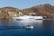 View of the ocean with boat of the Greek island of Ios island, C