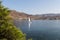 View of the ocean with boat of the Greek island of Ios island, C