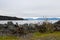 View of ocean and distant mountains