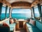 View of the ocean from inside a camper van. Made with artificial intelligence (AI)