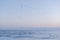 View of the ocean at sunset and a flock of pelicans