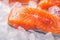 view Oceanic freshness Close up of raw salmon fillets on a bed of ice