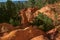 View of ocher land, trees under a sunny blue sky, in the park `Sentiers des Ocres`, near Roussillon.