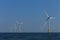 view of the offshore windmills of Rampion windfarm off the coast of Brighton, Sussex, UK