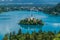 A view from the Ojstrica viewpoint towards the islet on Lake Bled, Slovenia