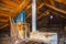 View - old attic of a residential building, chimney, antique.