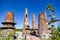 view of old blast furnaces, brick pipes from furnaces, marble production