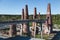 view of old blast furnaces, brick pipes from furnaces, marble production