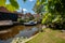 View of old canals with boats in an old Dutch town.