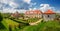 View of the old castle on sunny day against the blue sky in Zolochiv, Lviv region in Ukraine.