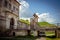 View of the old castle on sunny day against the blue sky in Zolochiv, Lviv region in Ukraine.