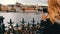 View of the old city of Prague and the Vltava River, and Boats pass on,a girl standing on the bridge with a lot of iron