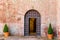 View of the old iron door of the monastery Escornalbou in Tarragona, Spain. Copy space for text.