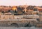 View of Old Jerusalem from the Mount. View of old city from the roof, with lattice and bicycle on foreground.