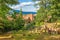 View on the old jewish cemetery and city wall of the medieval city of Miltenberg in Germany during daytime