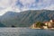 View of old Mediterranean town of Perast and two small islands. Bay of Kotor, Montenegro