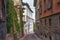 View of the old narrow historical streets in Upper Bergamo Citta Alta. Italy