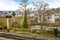 A view from the old railway track in Llangollen, Wales towards the Llangollen Bridge and town