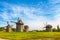 View of old rustic wooden windmills in Pyrohiv, Ukraine