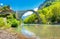 View of the old stoned bridge of Konitsa over the beautiful Aoos river