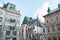 view of the old street of the European city. Facades and windows of the historical part of Lviv, Ukraine.