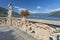 View of old terrace in the park of villa Balbianello, Como lake, Italy