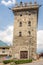 View at the Old tower in the streets of Tirano in Italy