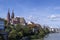View of the Old Town of Basel with red stone Munster cathedral and the Rhine river