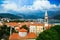 View of old Town of Budva, medieval walled city, bay, mountains, coastal strip, sandy beaches on Adriatic Sea.