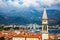 View of old Town of Budva, medieval walled city, bay, mountains, coastal strip, sandy beaches on Adriatic Sea, Montenegro.