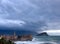 View on the old town of Budva in stormy weather